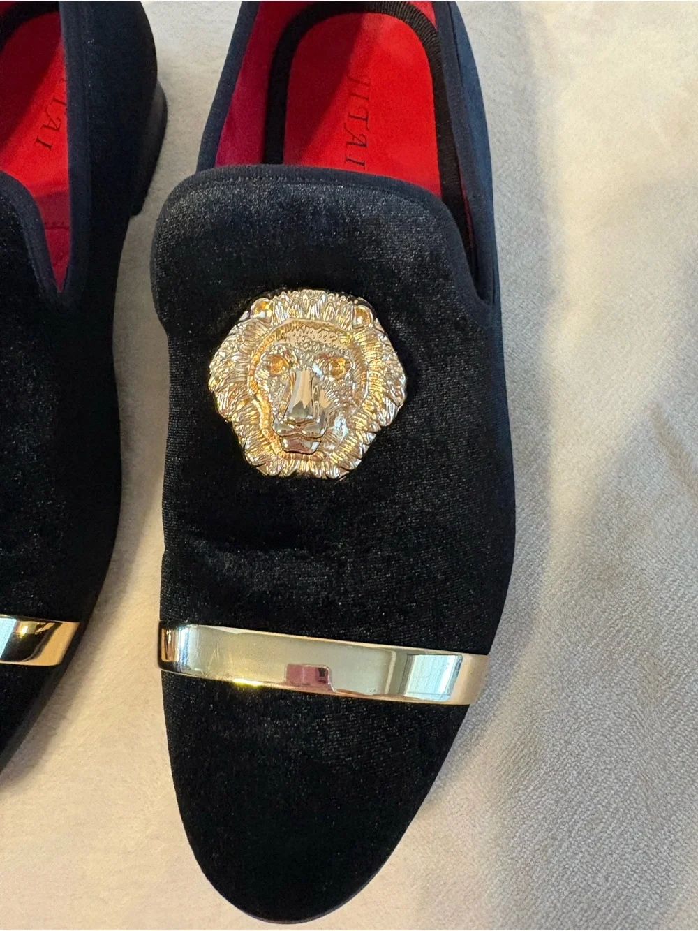 Tai Black Velvet Loafers with Gold Medallion and Gold Toe Accent